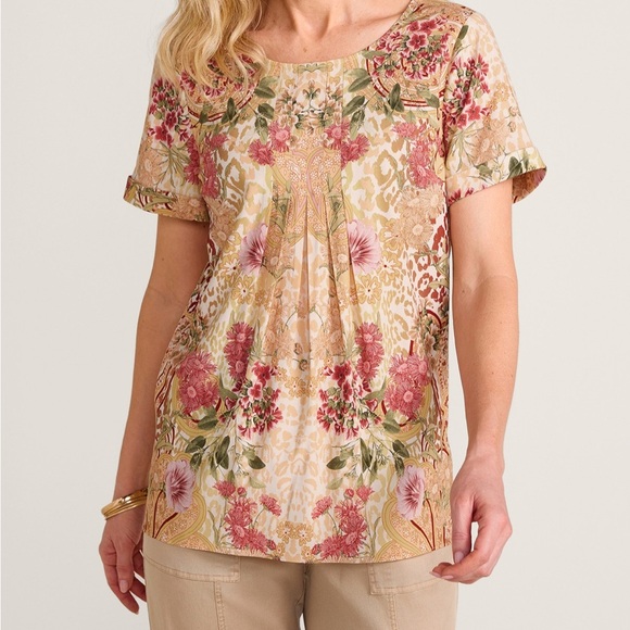 Soft Surroundings Cusabo Top Floral Print Short Sleeve Soft Classic Medium Fall - Picture 2 of 9